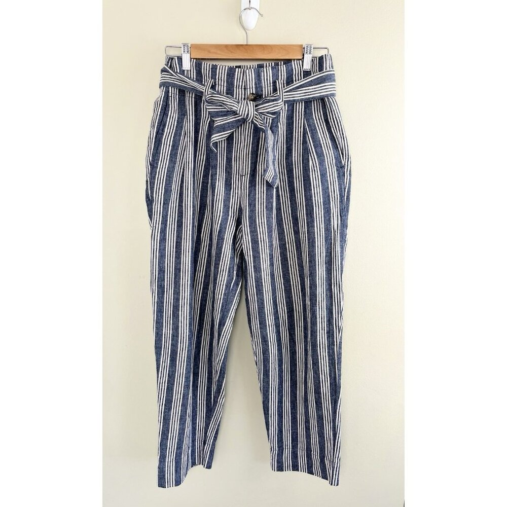 Madewell Women’s Pants‎ Sz 2 Linen Blend Blue White Stripe Paper Bag Waist Tie